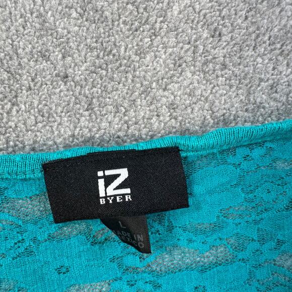 iZ Byer Y2k Knotted Waist Top Women's Large Turquoise Stripe Short Sleeve Lace - Picture 4 of 9